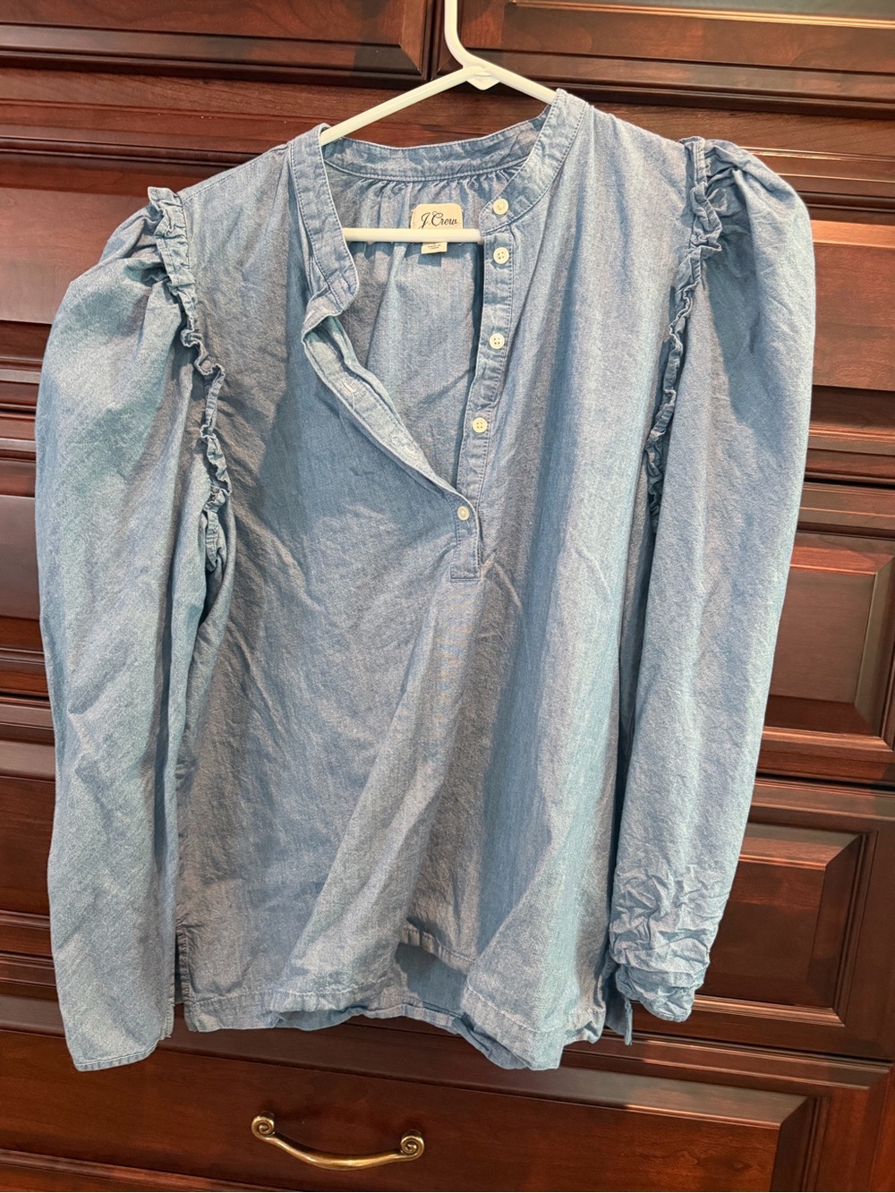 J. Crew Factory Light Blue Chambray Ruffle Shoulder Blouse